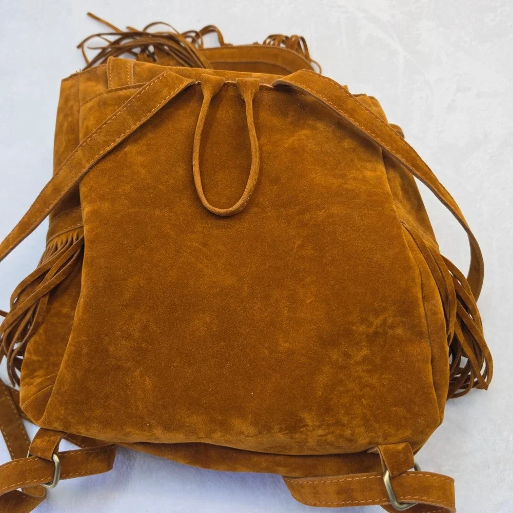 Cognac Brown Suede Fringe Backpack Boho Western Drawstring Bag Women